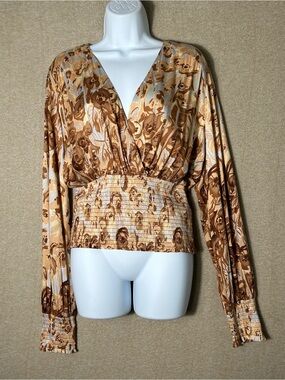 Anthropologie Tiny Valentina Top Womens XL Brown Floral Smocked Wrap Long Sleeve